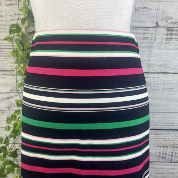 Talbots Skirt size 10 Petite Navy Blue Pink Striped Knee A Line Stretch Modest - Picture 6 of 11